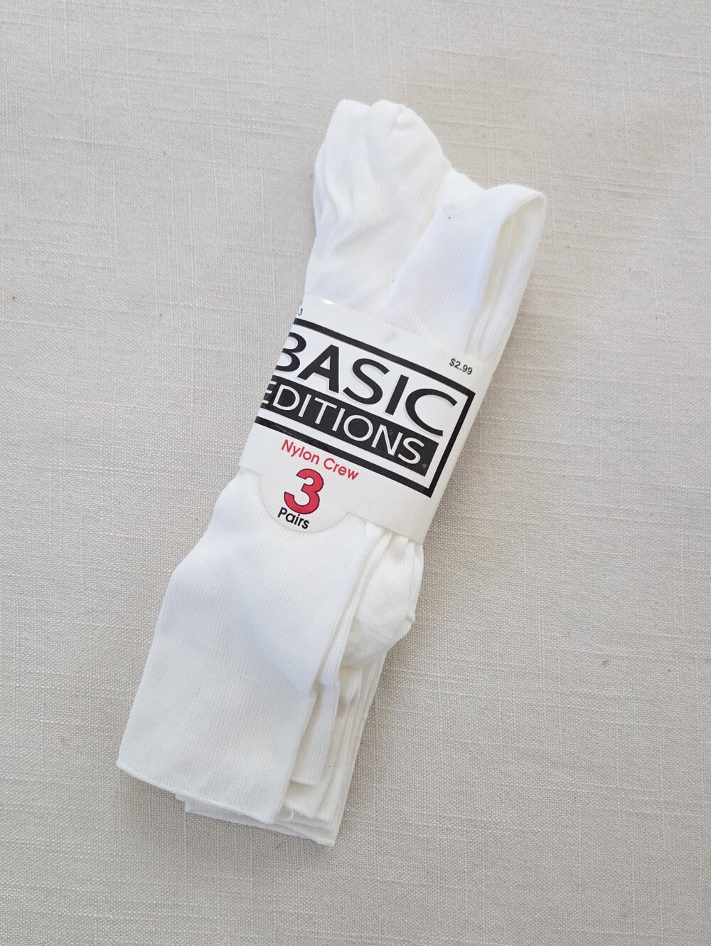 Vintage Basic Editions White Nylon Crew Socks - 3 Pack Deadstock New With Tags